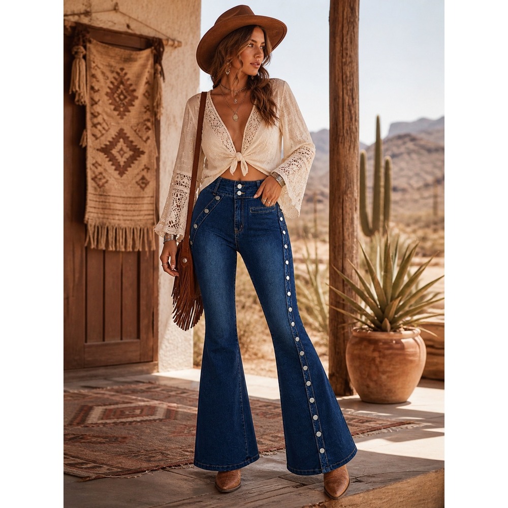 Flamingals Womens Flare Jeans M Dark Wash Snap Boho Western High Rise Festival
